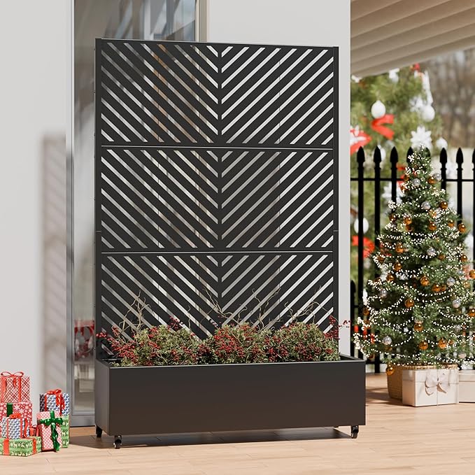 Casaphoria Metal Raised Garden Bed with Trellis and Wheels, 72"x47"x16" Planter Box for Climbing Plants, Vegetables & Vines, Features Drainage Holes and Privacy Screen (Black-Parallel)