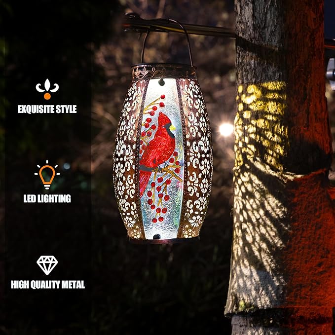 Solar Lanterns Outdoor Cardinal Garden Decor Light Decorative Waterproof Hanging Gardening Gifts for Women Mom Mothers Grandma Grandparents Birthday Gift