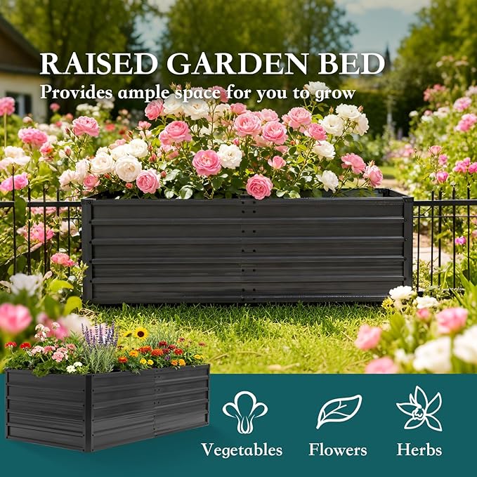 Smug Metal Raised Garden Bed, 6x3x2ft Outdoor Planter Box, Raised Garden Beds for Planting Plants Vegetables, Flowers, Grey Black