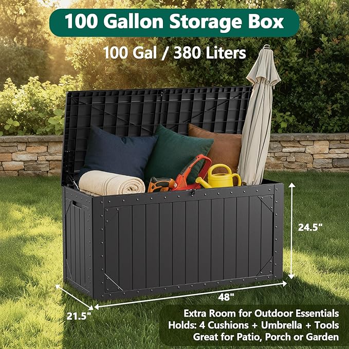 MAKE CHANGES Outdoor Storage Box,100 Gallon Deck Box Outdoor Storage Bench Outside Waterproof Resin Storage Bench, Lockable Patio Cushions, Garden Tools Storage For Furniture, UV Resistant