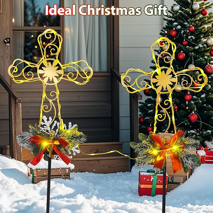 Cemetery Christmas Decorations Cross with 60 String Lights, Christmas Metal Yard Stakes for Gravesite Religious Outdoor Decorations 2 Pack