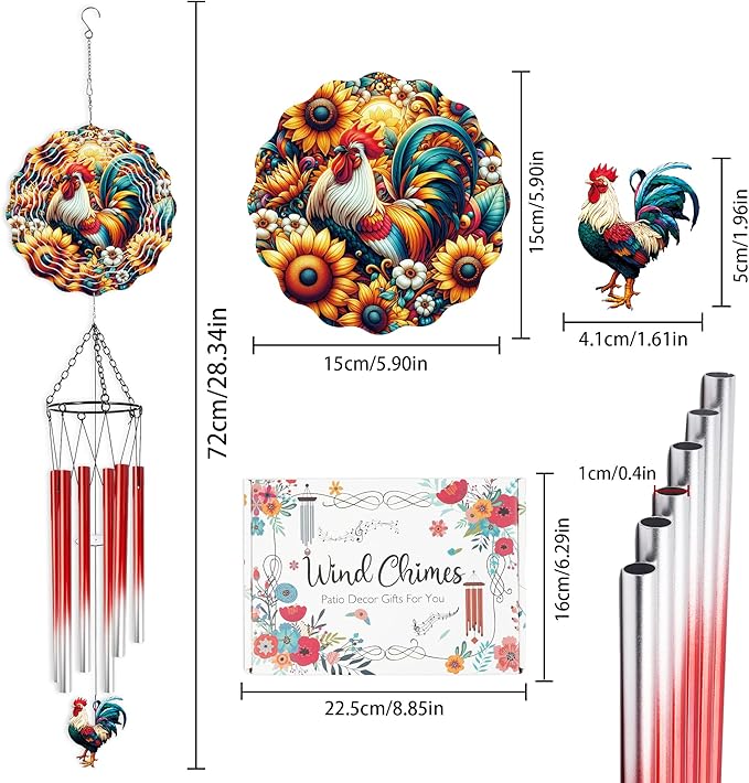 Wind Chimes with Rooster Wind Spinner, Chicken Gifts for Women Mom Friends Sisters Teacher, Metal WindChimes for Outside Home Lawn Porch Patio Garden Outdoor Decor Yard Decorations