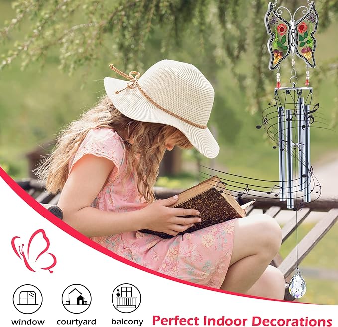 KY&BOSAM Big Butterfly Wind Chime with Crystal Sympathy Wind Spinner Memorial Wind Chime for Loss of Loved One Prime Bereavement Sympathy Memorial Gift for Loss of Mother Father Gift Home Garden Decor