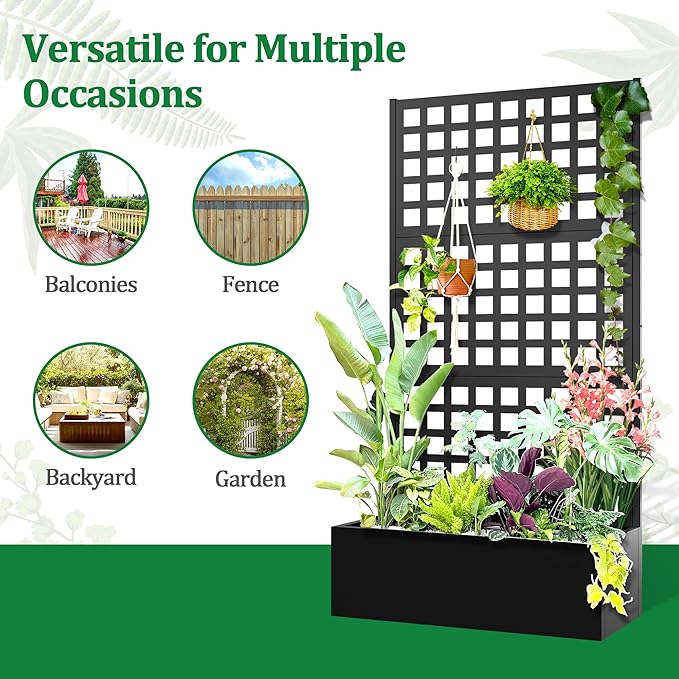 Metal Raised Garden Bed with Trellis, 2 in 1 Trellis with Planter Box & Privacy Screen for Climbing Plants, Vine, Outdoor Standing Flower Beds with Drainage Holes, 35.4" L x 16.7" W x 70.8" H, Black