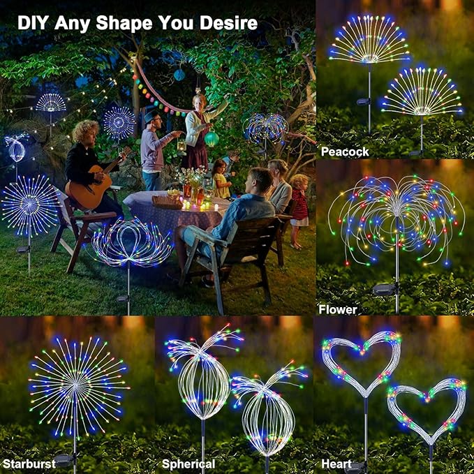 Solar Garden Lights Outdoor, 4 Pack 120 LED Twinkling Firework Lights Decorative with 2 Modes, Outdoor Waterproof Solar Starburst Light for Outside Yard Pathway Garden Decor, Multicolor