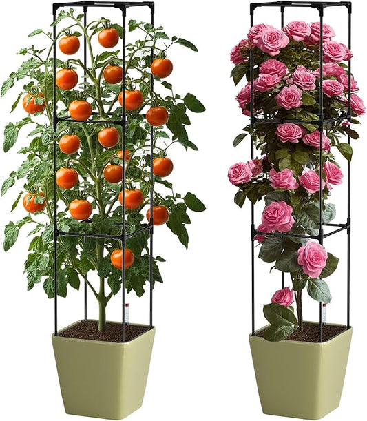 SUNYRISY 2Pack Planter Box with Tomato Cage, Self Watering Tomato Planter Box with Trellis, Raised Garden Bed with Wheels for Climbing Plants Vegetable Vine Flowers Outdoor Patio, Sage Green