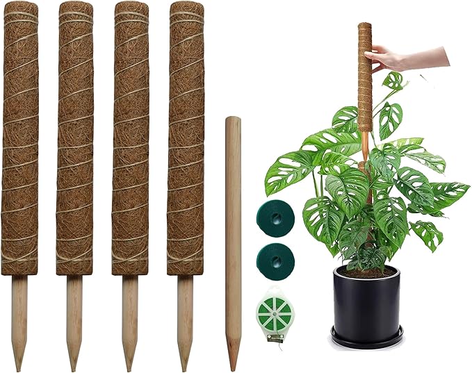 Moss Pole for Plants 4 Pack Natural Coco Coir Climbing Support Stakes with Plant Ties Indoor Monstera Plant Training Extension Poles 14.8inch Each Total 59.2inch