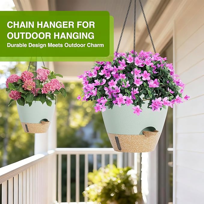 Set of 2 Hanging Planters for Indoor Plants with Self Watering Includes Hanging Pots and 2 Types Plant Hangers, Outdoor Hanging Baskets Holder for Home Garden, 10 Inch Sage Green