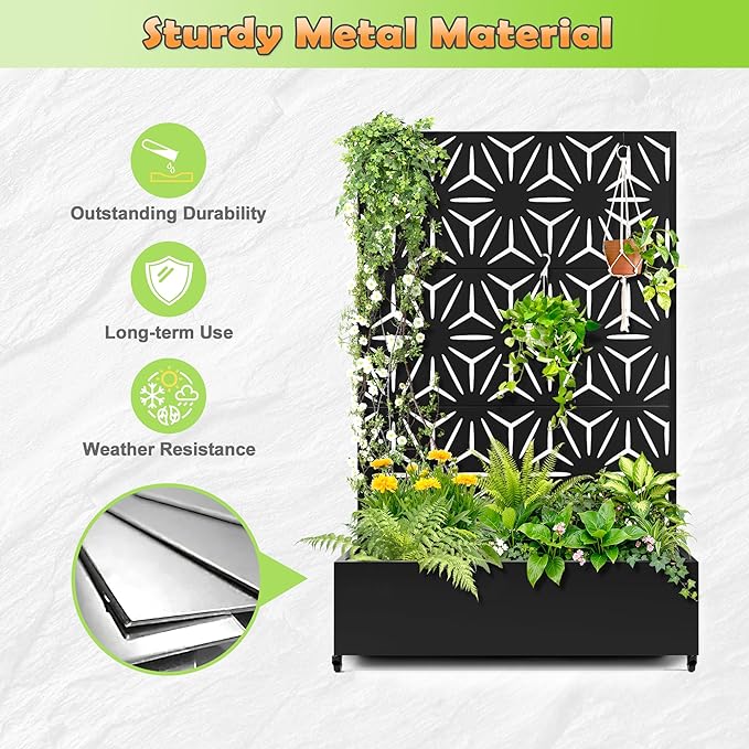 Metal Raised Garden Bed with Trellis, 2 in 1 Trellis with Planter Box & Privacy Screen for Climbing Plants, Vine, Outdoor Standing Flower Beds with Drainage Holes,47.2"L x 16.7"W x 70.8"H,(Black-Star)