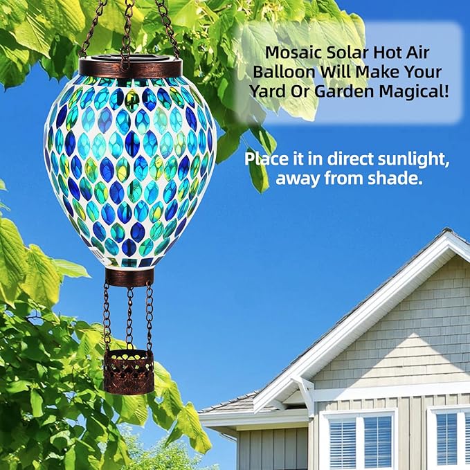 VOREEN Hot Air Balloon Solar Lantern, Handmade Mosaic Solar Outdoor Hanging Wind Light, Waterproof, Patio Festive Decor, Gift for Mom Wife Friend, Blue
