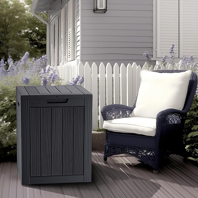Mersco 28 Gallon Double-Wall Resin Deck Box - Lockable Waterproof Outdoor Storage Box, 151lbs Capacity & Doubles as Seating for Patio Furniture - Garden Tools, Pool Accessories （Black）
