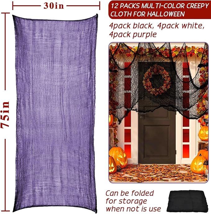 ZeeDix 12 Pack Halloween Creepy Cloth 30 x 75 Inch Halloween Decoration Spooky Scary Gauze Cloth Creepy Cheesecloth for Party Supplies Outdoor Yard Home Wall Doorways(3colors)