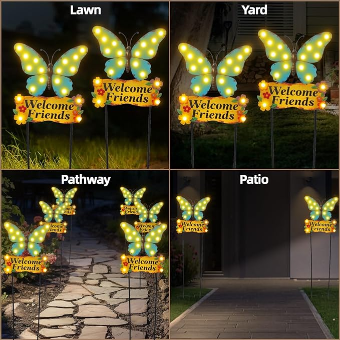 Decorative Garden Stakes Large 45" with 18 Bulbs Solar String Lights Outdoor Waterproof, Butterfly Solar Lights for Outside with Welcome Friends Garden Sign for Yard, Patio, Pathway