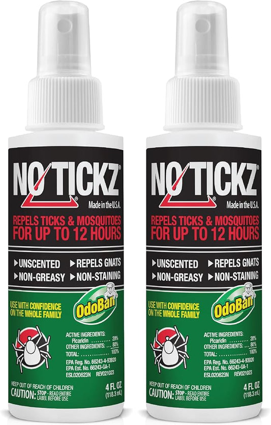 No Tickz Tick Repellent with 20% Picaridin, 12-Hour Protection from Ticks & Mosquitoes, Non-Greasy Formula, Made in The USA, Unscented, 4 Ounce Spray Bottle, 2-Pack