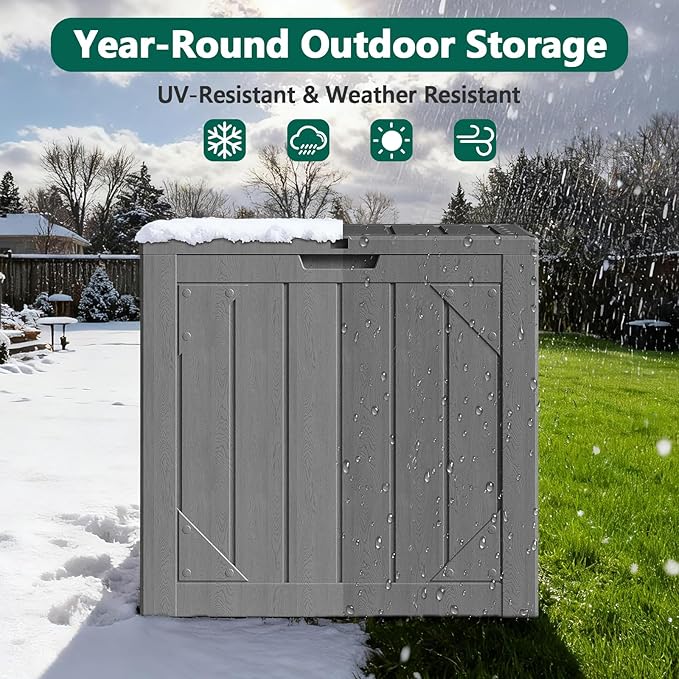 MAKE CHANGES Outdoor Storage Box,30 Gallon Deck Box Outdoor Storage Bench Outside Waterproof Resin Storage Bench, Lockable Patio Cushions, Garden Tools Storage For Furniture, UV Resistant(Gray