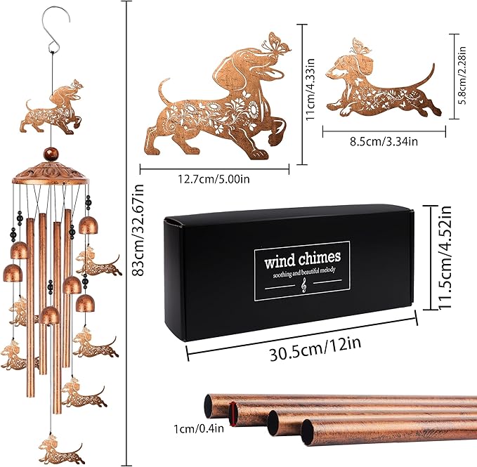 Dachshund Wind Chimes for Outside, Wiener Dog Gifts for Women Men Metal Windchimes Outdoors, Floral Butterfly Dog Design Home Garden Patio Yard Decor