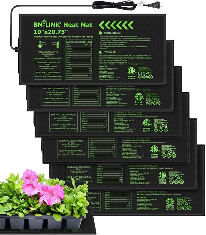 BN-LINK Durable Seedling Heat Mats for Seed Starting 10" x 20.75", 6 Pack Waterproof Warming Mat Plant Heating Pad for Seed Germination, Indoor Growing, Hydroponic, Greenhouse, ETL Listed
