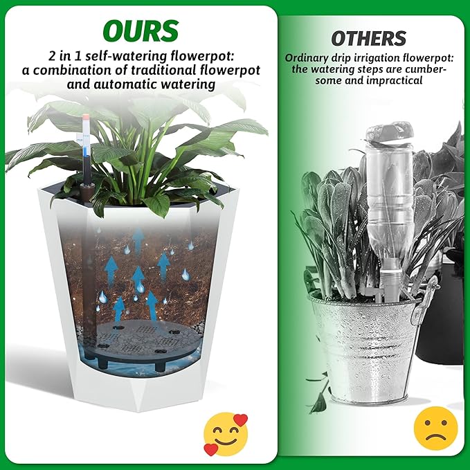 Set of 2 Tall Planters for Outdoor Plants, 16" Large Planter Pots with Drainage Holes & Water Level Monitor, Self-Watering Flower Pots for Patio, Porch, Garden, Front Door Decor, Indoor Outdoor
