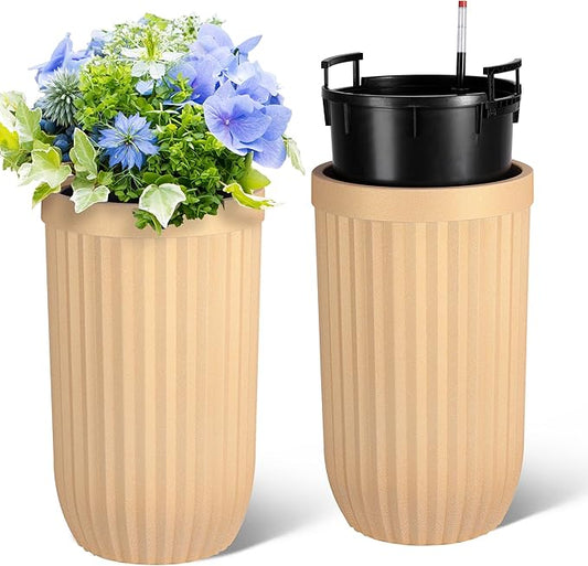 23" Tall Planters Set of 2, Large Indoor & Outdoor Self-Watering Flower Pots with Drainage, Water Level Monitor & Wheels, Planters for Patio, Porch, Living Room, Home Office