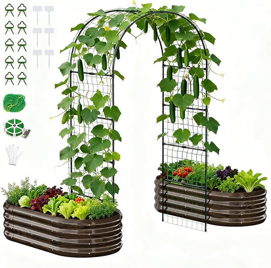 DoCred 3 in 1 Galvanized Raised Garden Bed, 2Pcs Garden Planter Box with 87" H Trellis for Climbing Plants, Outdoor Gardening Raised Beds with Climbing Net for Fruits, Vegetables, Flower (Wood Grain)