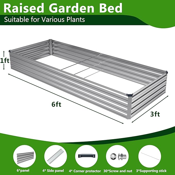2PCS 6x3x1ft Galvanized Metal Raised Garden Bed Kit,Outdoor Planter Box Vegetables,Flowers,Herbs Durable Rust-Resistant Patio Gardening Beds,Silver