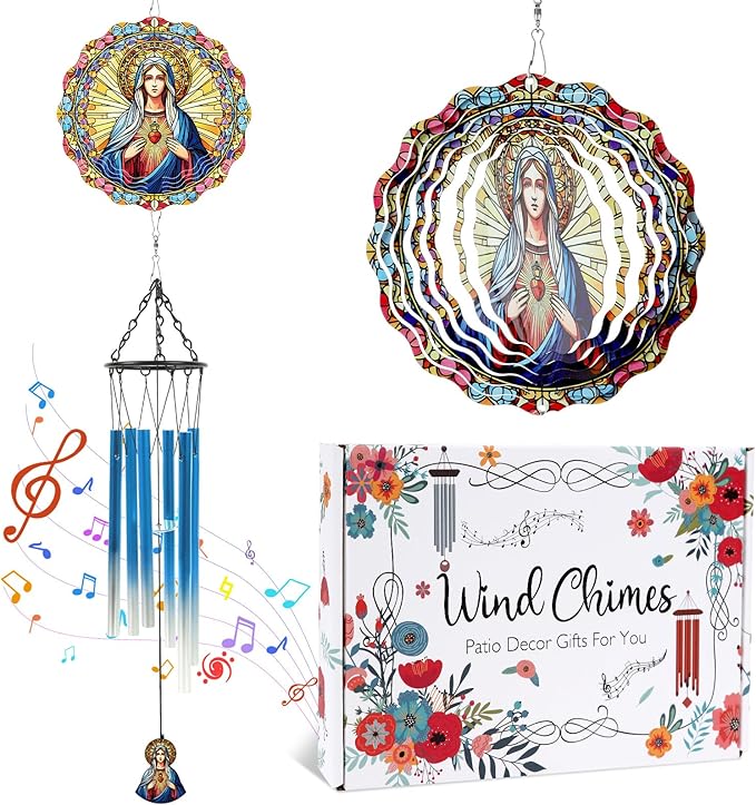 Lady of Guadalupe Windchimes with Wind Spinner Outdoors, Wind Chimes Catholic Gifts for Women Mom Sisters, Metal 3D Hanging Ornaments Decor for Garden Outside Yard