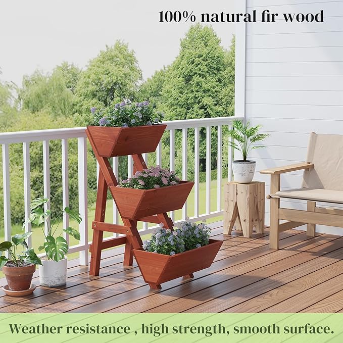 3-Tier Wooden Vertical Raised Garden Bed with Legs, Tiered Planter Box, Garden Planter, Garden Box, Wood Plant Stand Wood Flower Rack for Patio, Balcony, Freestanding. (Brick Red-Small)
