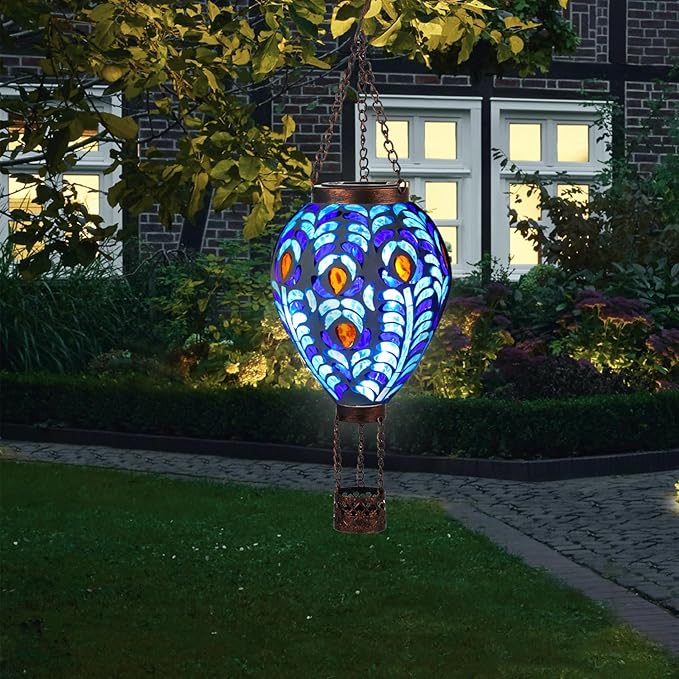 VOREEN Hot Air Balloon Solar Lantern, Handmade Mosaic Solar Outdoor Hanging Wind Light, Waterproof, Patio Festive Decor, Gift for Mom Wife Friend, Peacock Feather Design