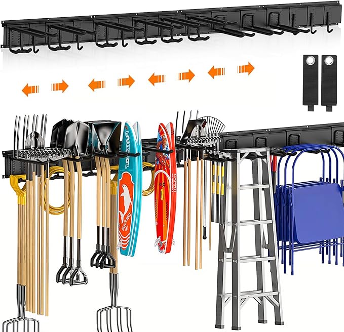 Housolution Heavy Duty Garden Tool Organizer 64 Inch - 18Pack Carries 570 lbs, Garage Tool Organizer Storage System, 4 Rails with 12 Adjustable Hooks, Tool Holder Wall Mount for Warehouse, Workshop