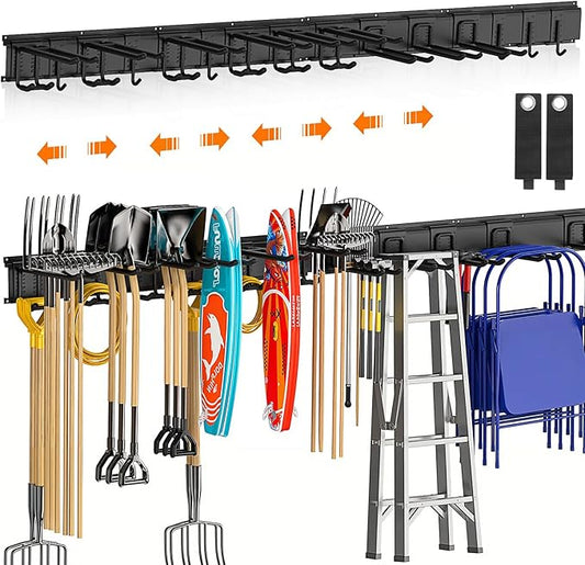 Housolution Heavy Duty Garden Tool Organizer 64 Inch - 18Pack Carries 570 lbs, Garage Tool Organizer Storage System, 4 Rails with 12 Adjustable Hooks, Tool Holder Wall Mount for Warehouse, Workshop