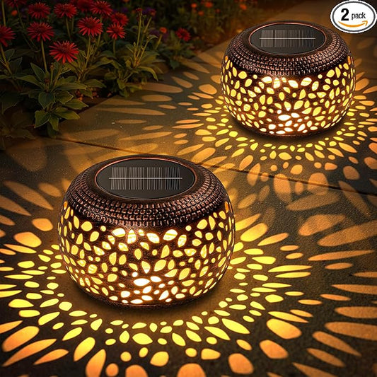 Solar Lanterns Outdoor Waterproof: 2 Pack Hollow Out Retro Metal Solar Lights - Decorative Atmosphere Table Lantern - Gifts for Women Mother's Day Garden Yard Patio Outside & Indoor Tabletop Decor