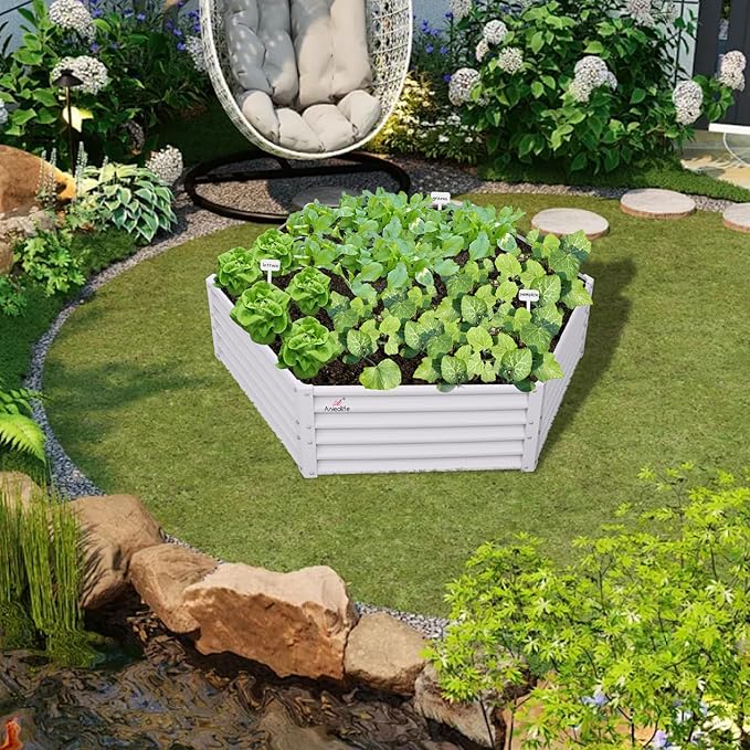 A ANLEOLIFE 3 Set Hexagon Galvanized Raised Garden Beds Outdoor,70x60x18in Metal Planter Box for Planting Vegetables Flowers Herb, Anti-Rust & Easy-Setup, Antique White