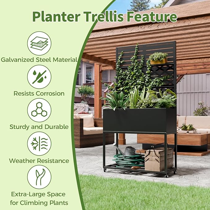 Metal Planter Box with Trellis,67" H x35 W Raised Garden Beds with Privacy Screen for Climbing Plants Flower, Elevated Standing Planter Garden Bed with Drainage Holes for Outdoor Patio,Black