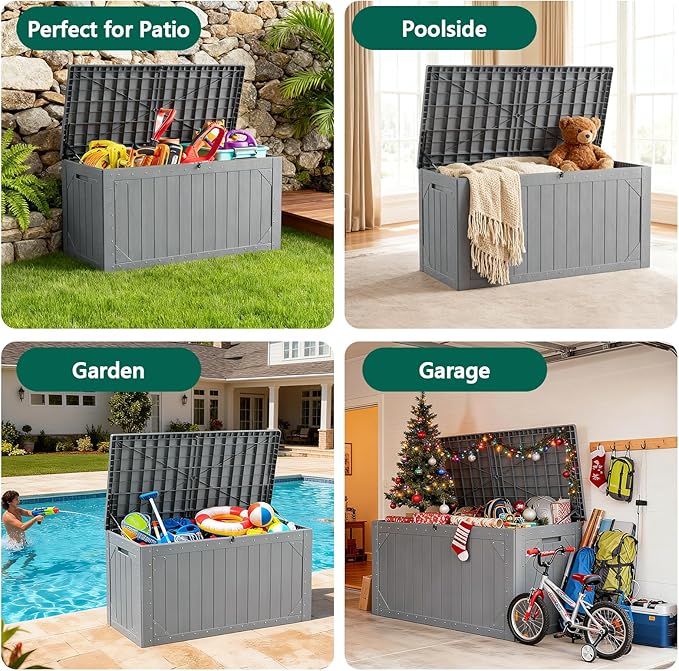 MAKE CHANGES Outdoor Storage Box, 100 Gallon Deck Box Outdoor Storage Bench Outside Waterproof Resin Storage Bench, Lockable Patio Cushions, Garden Tools Storage For Furniture, UV Resistant(Gray)