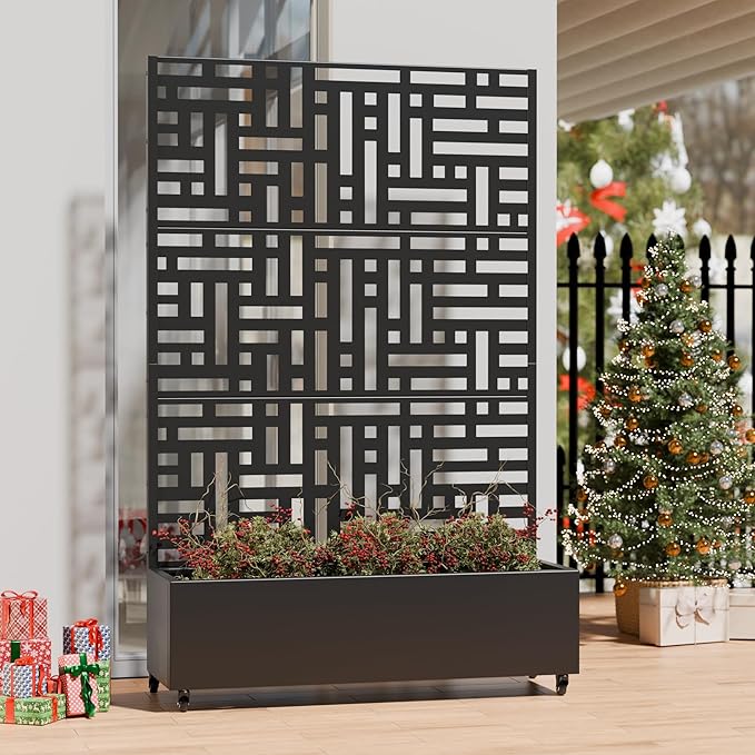 Casaphoria Metal Raised Garden Bed with Trellis and Wheels, 72"x47"x16" Planter Box for Climbing Plants, Vegetables & Vines, Features Drainage Holes and Privacy Screen (Black-Helen)
