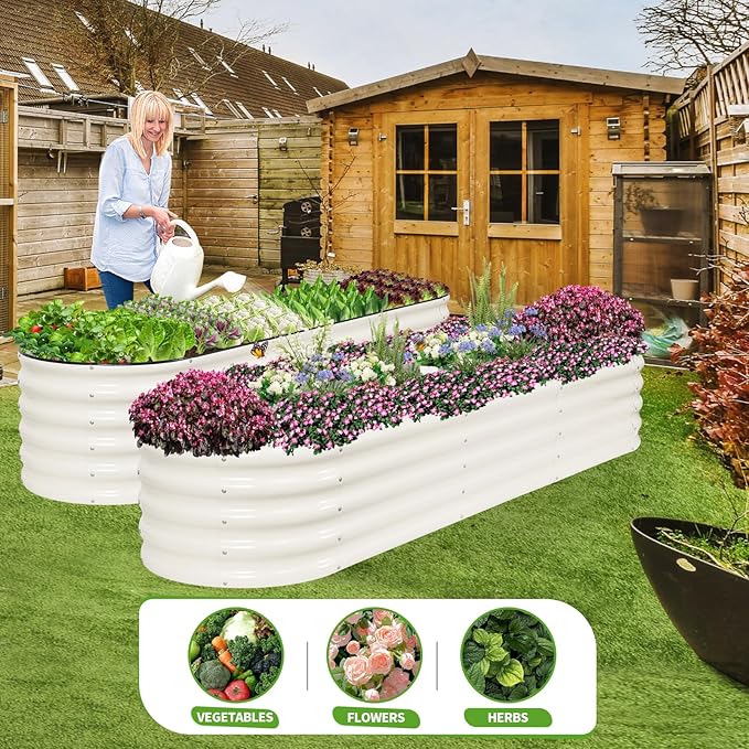Permade Galvanized Raised Garden Bed - 8x2x1.4FT Metal Planter Boxes Outdoor | Oval Steel Raised Bed Kit for Gardening with Protective Tape, Bracing Rods, Gloves for Vegetables, Flower, Herb (White)