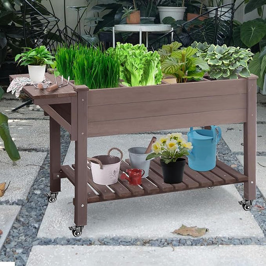 GUTINNEEN Elevated Wooden Planter Box with Locking Casters - 52.7" L x 22" W x 30" H Raised Garden Bed, Removable Liner & 230lb Weight Capacity for Outdoor Plants