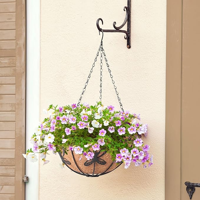 Hanging Baskets Planter for Plants, 2 Pack 10 Inch Round Metal Wire Hanging Flower Pots with Coco Coir Liner Chain, Plant Holder for Home Garden Balcony Decor (10in, Round)