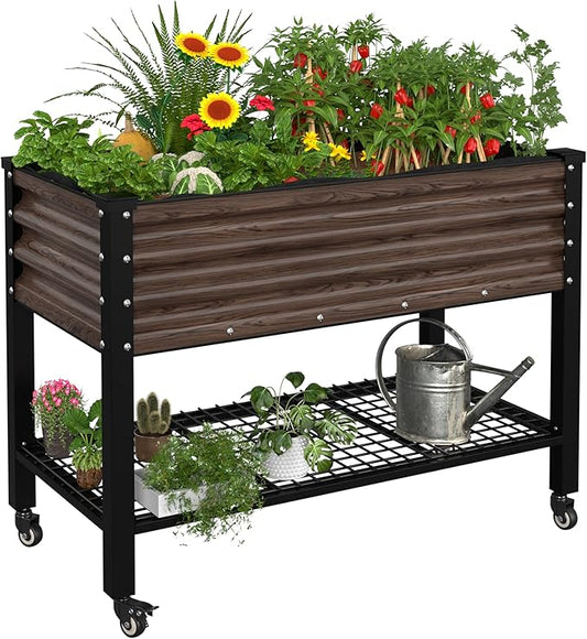 MUPATER 48" L x 24" W x 34" H Galvanized Steel Raised Garden Bed, 507lbs Capacity Large Metal Elevated Raised Planter Box with Rolling Casters & Extra Bottom Shelf for Patio, Balcony, Rustic
