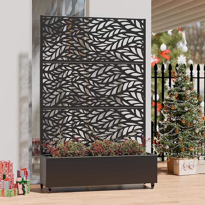 Casaphoria Metal Raised Garden Bed with Trellis and Wheels, 72"x47"x16" Planter Box for Climbing Plants, Vegetables & Vines, Features Drainage Holes and Privacy Screen (Black-Spring)