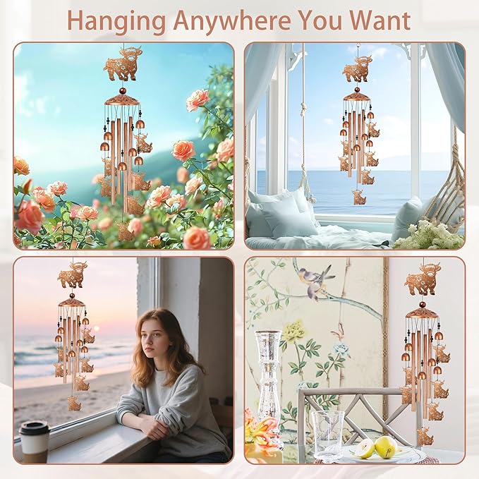 Highland Cow Wind Chimes for Outside, Highland Cow Gifts for Women Metal Windchimes Outdoors, Farmhouse Home Garden Patio Yard Decor