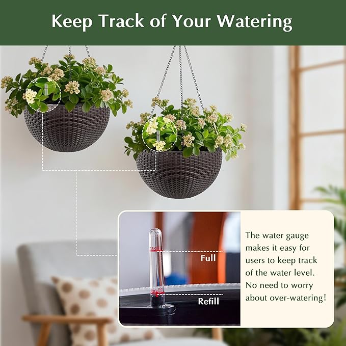 13.5 inch 2Pack Large Hanging Planters for Outdoor/Indoor Plants, Self Watering Hanging Pot with Water Level Indicato, Drainage Holes and Chain for Garden Porch, Brown