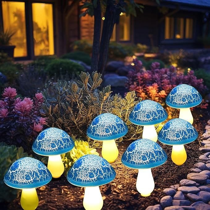 Solar Mushroom Lights Garden Decor 8 Blue Crack Mushrooms Outdoor Decor Stake Lights, Waterproof Solar Pathway Light Gardening Gifts for Landscape Easter Gnomes Yard Halloween Christmas Decorations