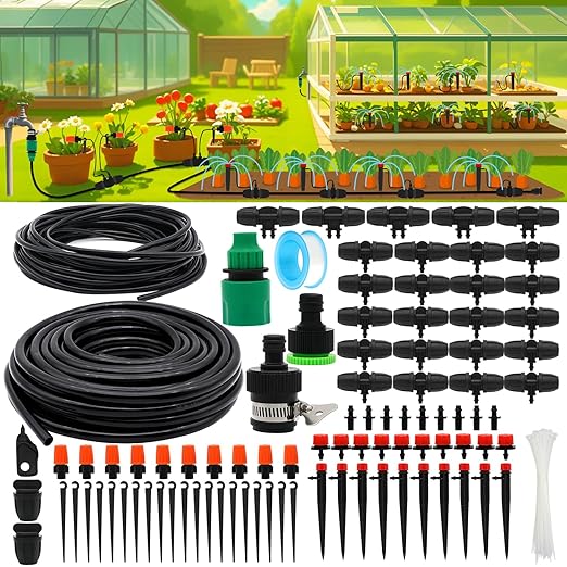 Drip Irrigation Kits, 100ft/30M Garden Plant Watering Sprinkler System with Distribution Tubing Hose Adjustable Nozzles, Automatic Mist Cooling Irrigation Set for Garden Lawn, Patio