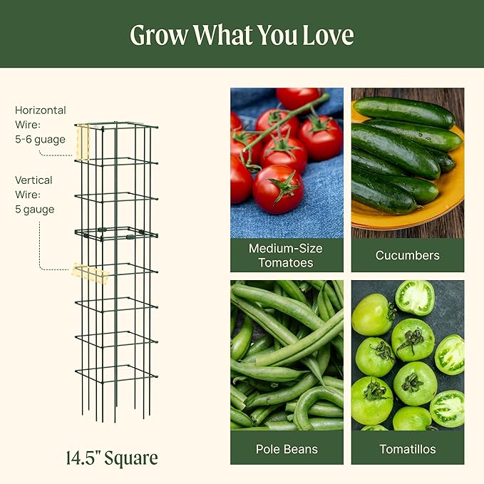 Vego Garden 3 Pack Tomato Cage 14.5" x 58" Square for Garden & Pots, Rust-Resistant Tomato Stackable Plant Cage Trellis Support for Climbing Vegetables Plants
