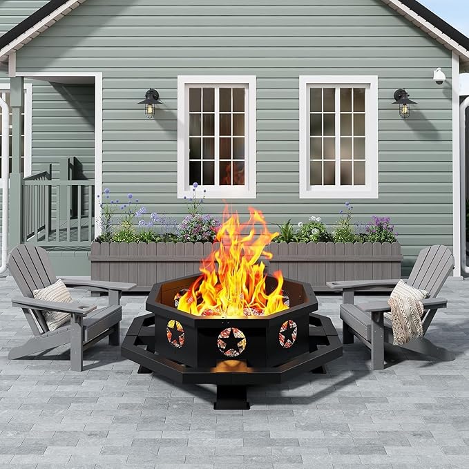 43 inch Large Fire Pit, Outdoor Fire Pit with Heavy Duty Construction, Wood Burning Fire Pits for Outside Octagonal Firepit for Camping, Backyard, Patio, Black