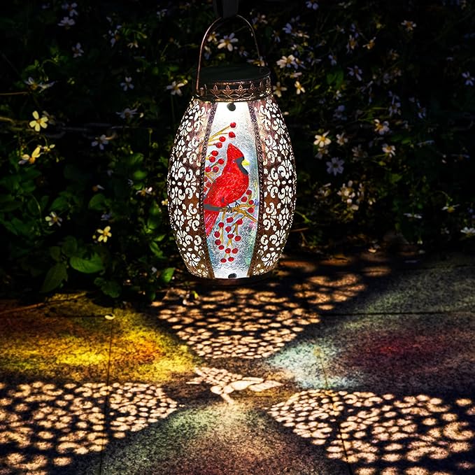 Solar Lanterns Outdoor Cardinal Garden Decor Light Decorative Waterproof Hanging Gardening Gifts for Women Mom Mothers Grandma Grandparents Birthday Gift