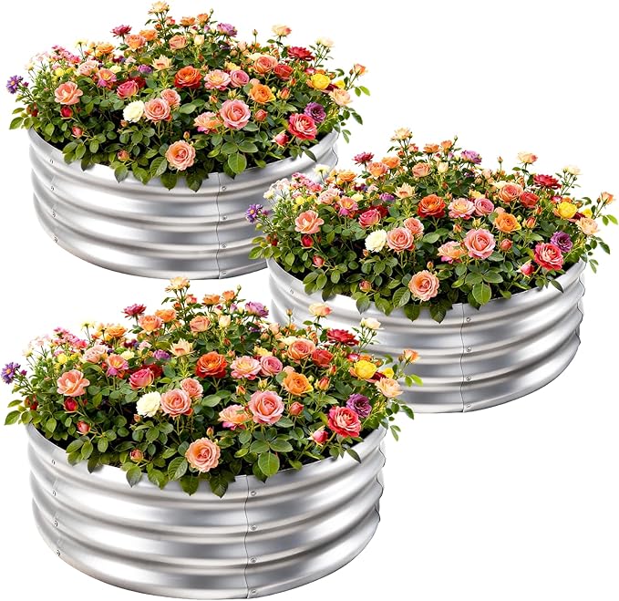 AHEONLAR 3Pack 2x2x1 ft Round Galvanized Raised Garden Bed Kit Round Metal Flower Box Large Planter Raised Beds Outdoor Garden for Planting,Fruit,Herb-Sliver