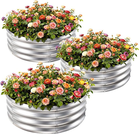 AHEONLAR 3Pack 2x2x1 ft Round Galvanized Raised Garden Bed Kit Round Metal Flower Box Large Planter Raised Beds Outdoor Garden for Planting,Fruit,Herb-Sliver