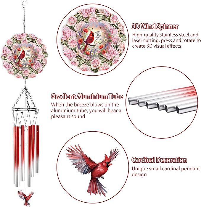 Red Cardinal Wind Chimes for Outside, 3D Wind Chimes with Wind Spinner, Outdoors Hanging Decor for Garden Porch Patio Backyard, Mothers Day Birthday Gifts for Women Mom Grandma